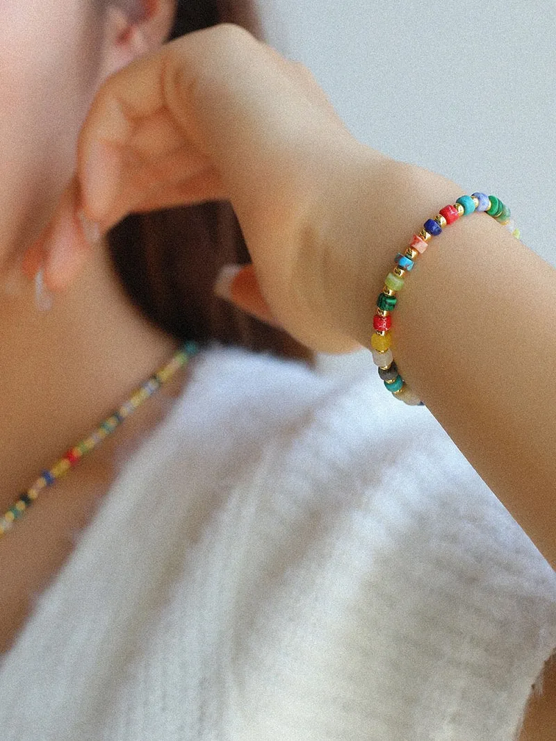 Multi-gems stitching chain colorful necklace and bracelet ( Purchase Individually)