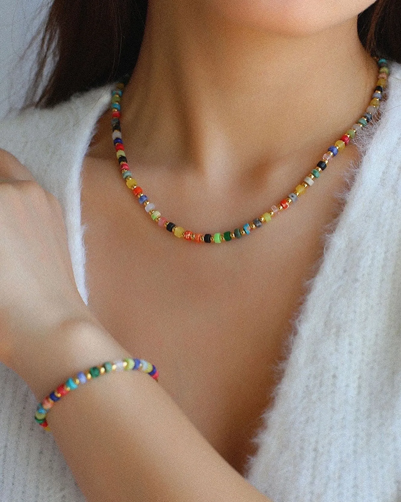 Multi-gems stitching chain colorful necklace and bracelet ( Purchase Individually)