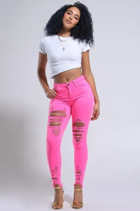 Neon Pink Distressed Jeans