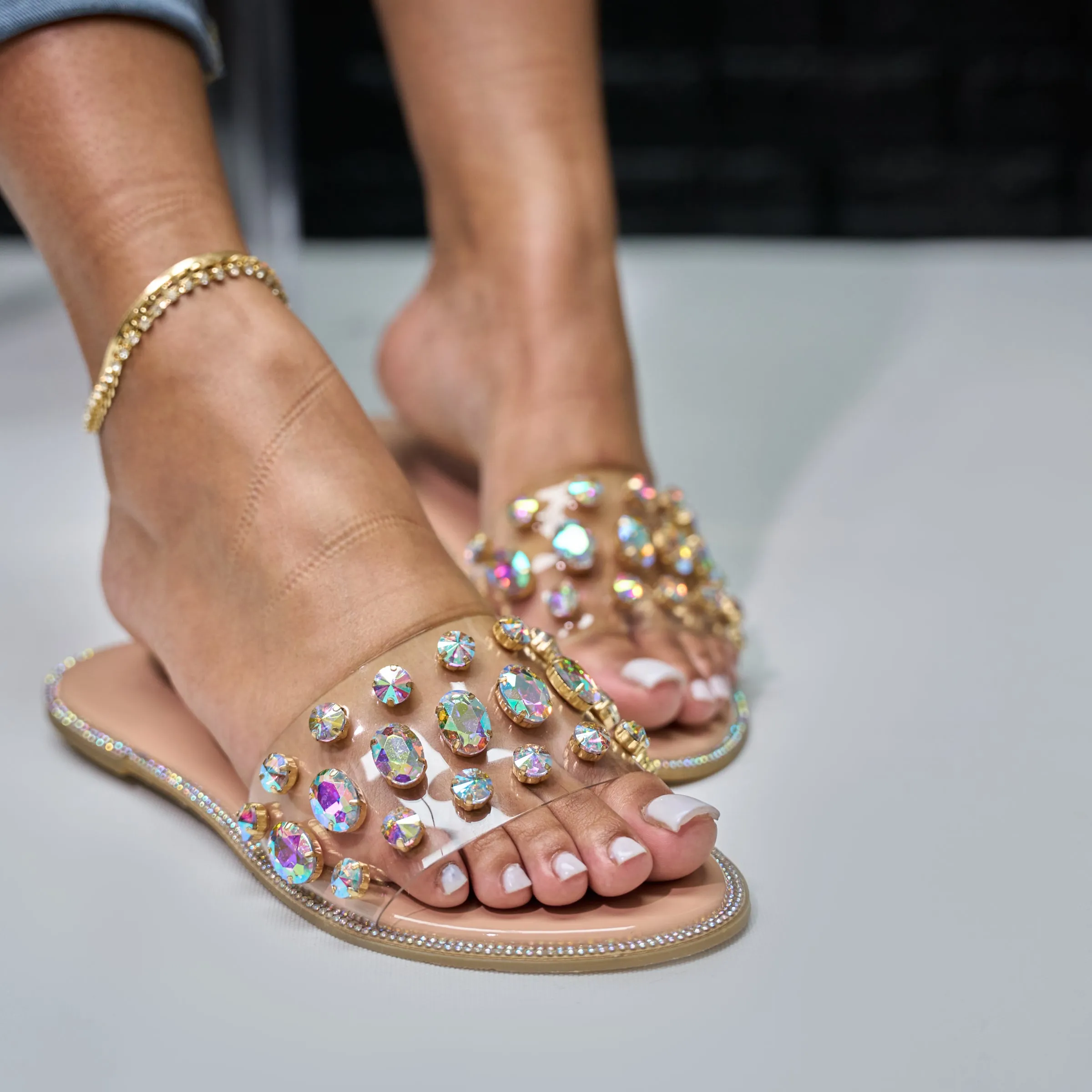 nude iridescent jewel bling slide - honay