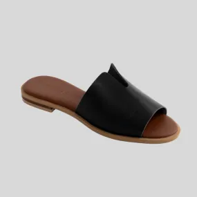 Peep Toe Leather Mule - Black Leather