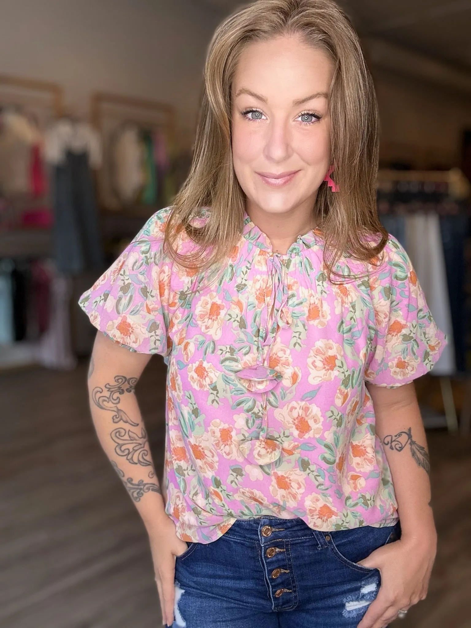 Pink Floral Tie Neck Blouse