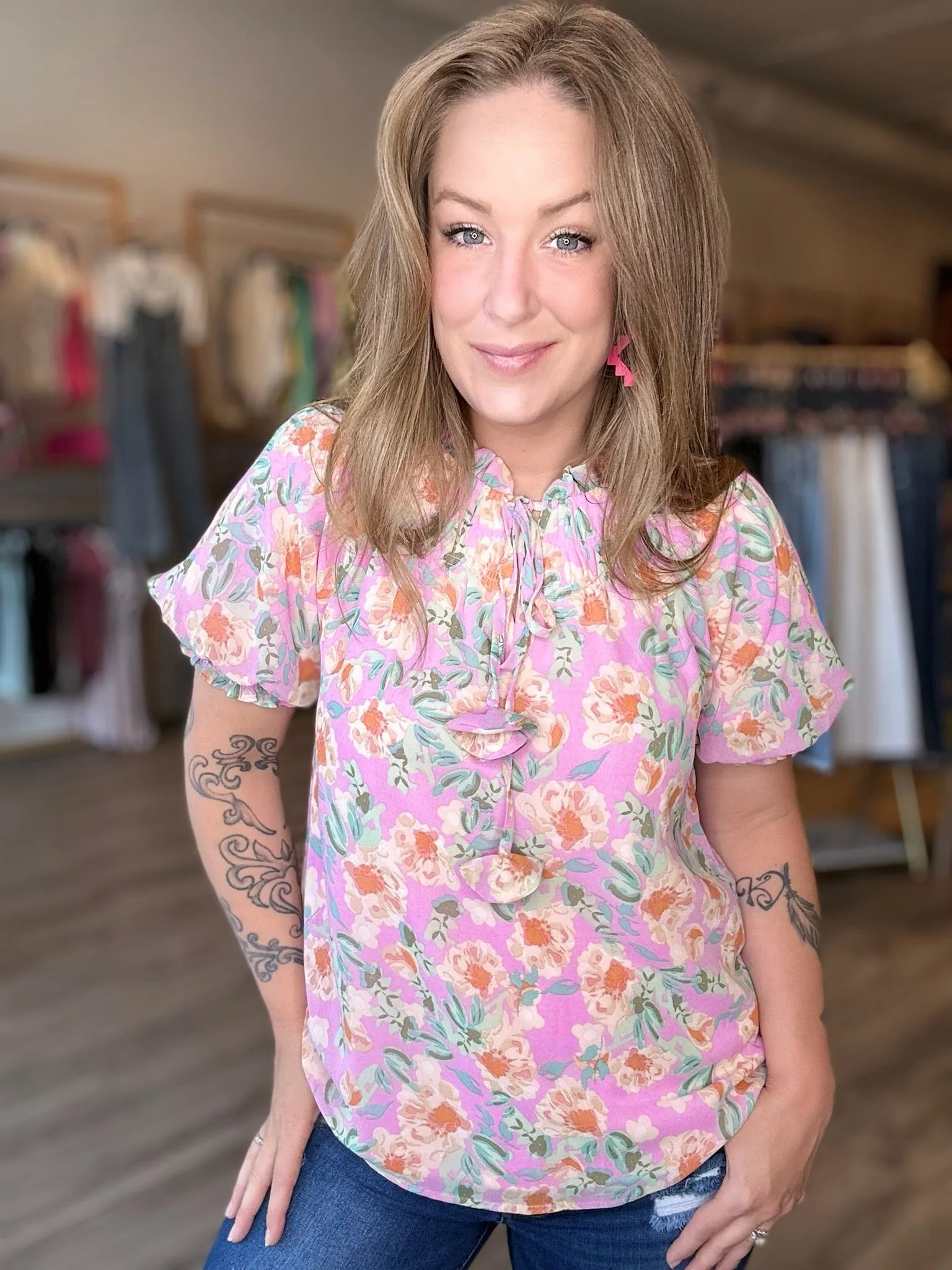 Pink Floral Tie Neck Blouse