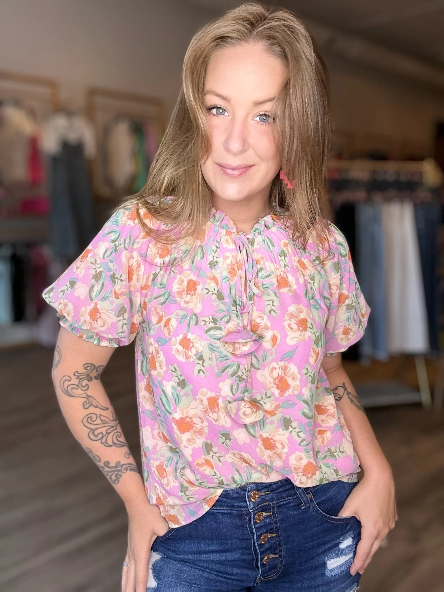 Pink Floral Tie Neck Blouse