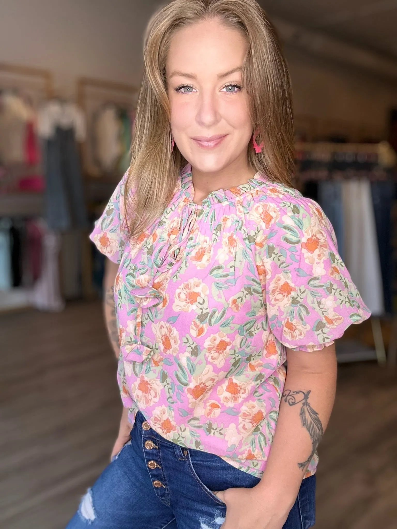 Pink Floral Tie Neck Blouse