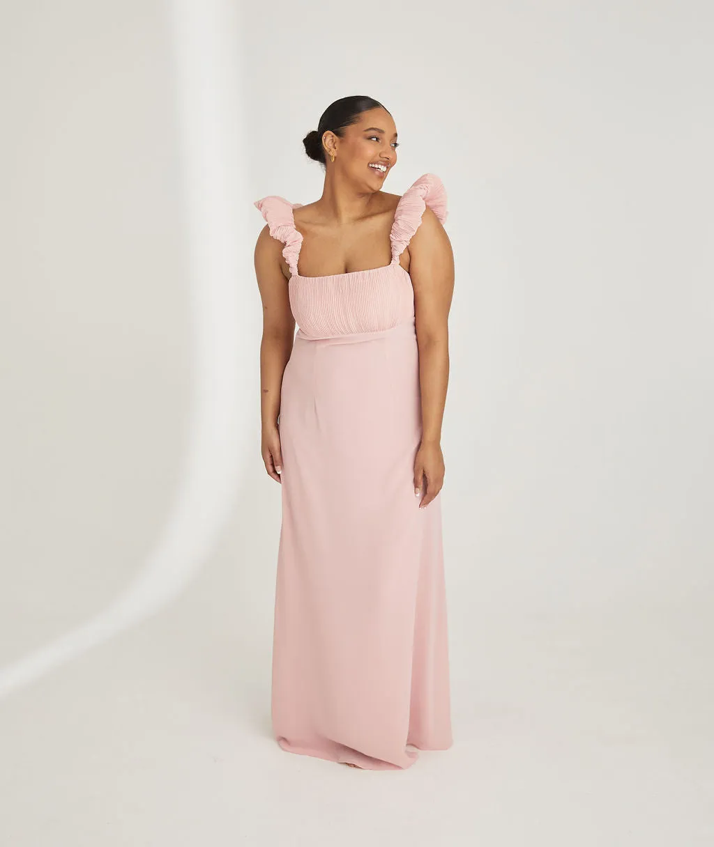 Pleated Statement Shoulder Chiffon Bridesmaid Dress - Peony Pink