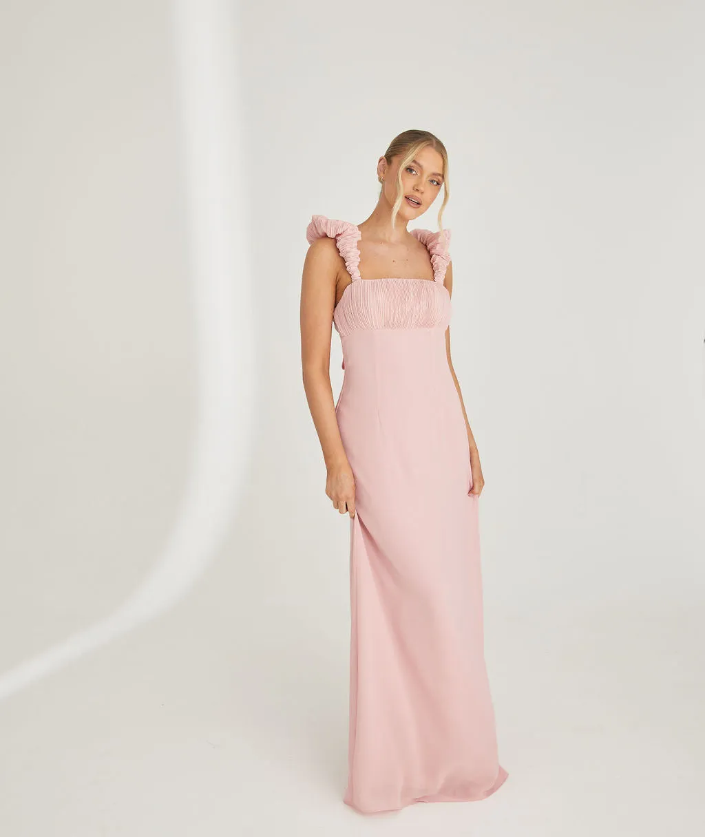 Pleated Statement Shoulder Chiffon Bridesmaid Dress - Peony Pink