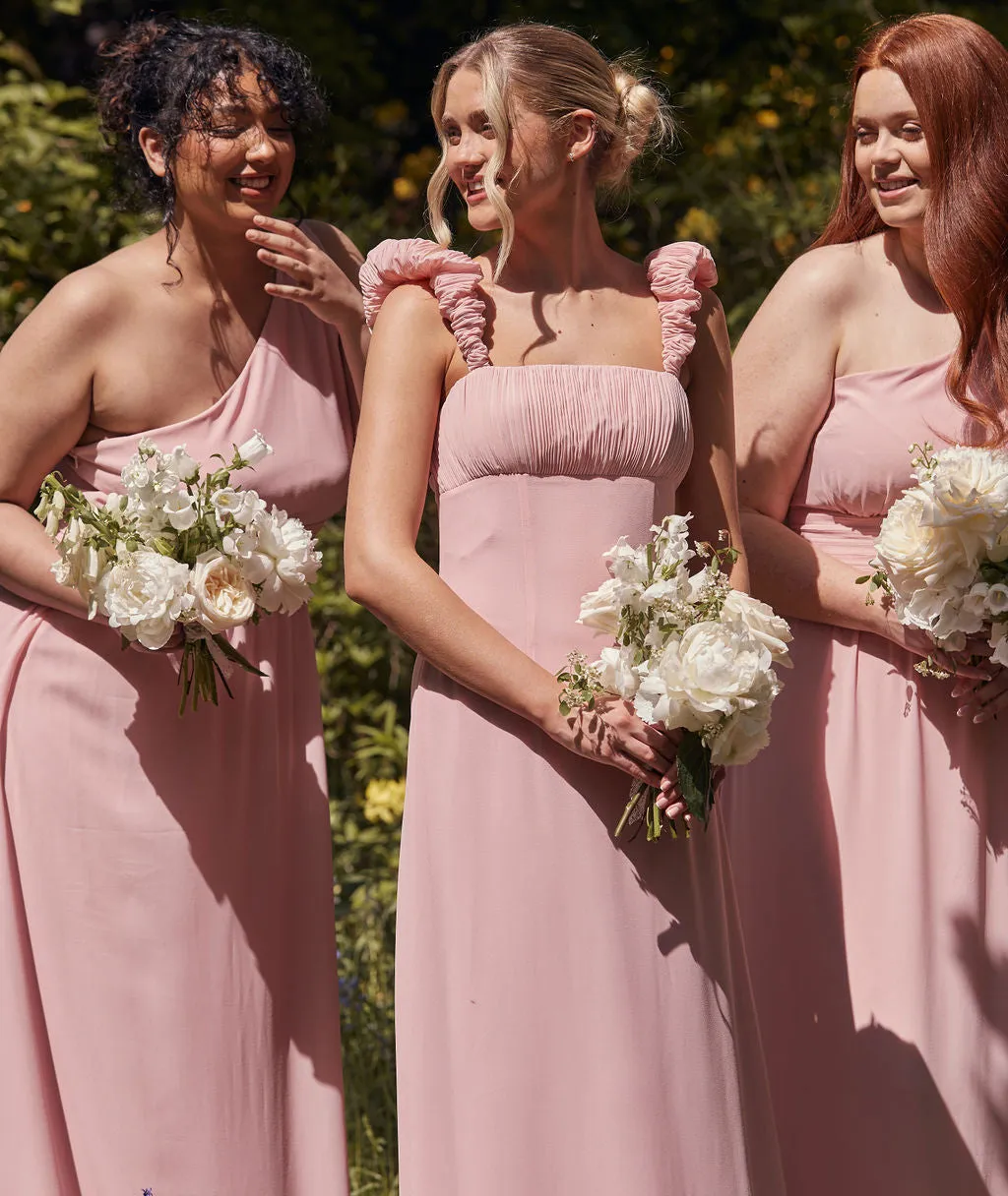 Pleated Statement Shoulder Chiffon Bridesmaid Dress - Peony Pink