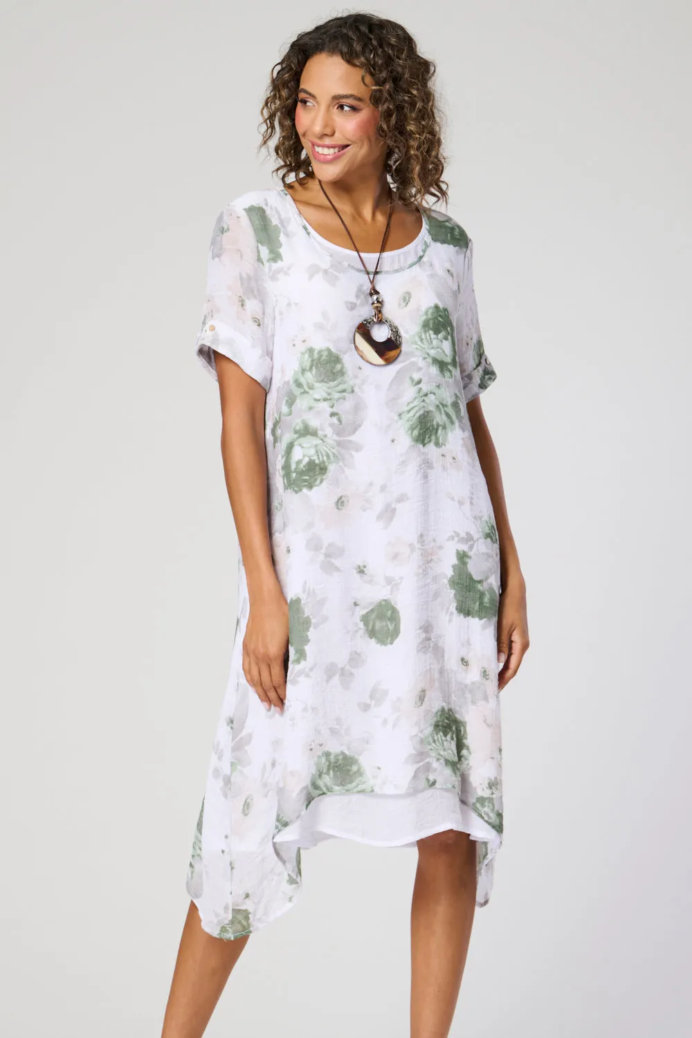 Saloos Print Double Layer Dress with Necklace