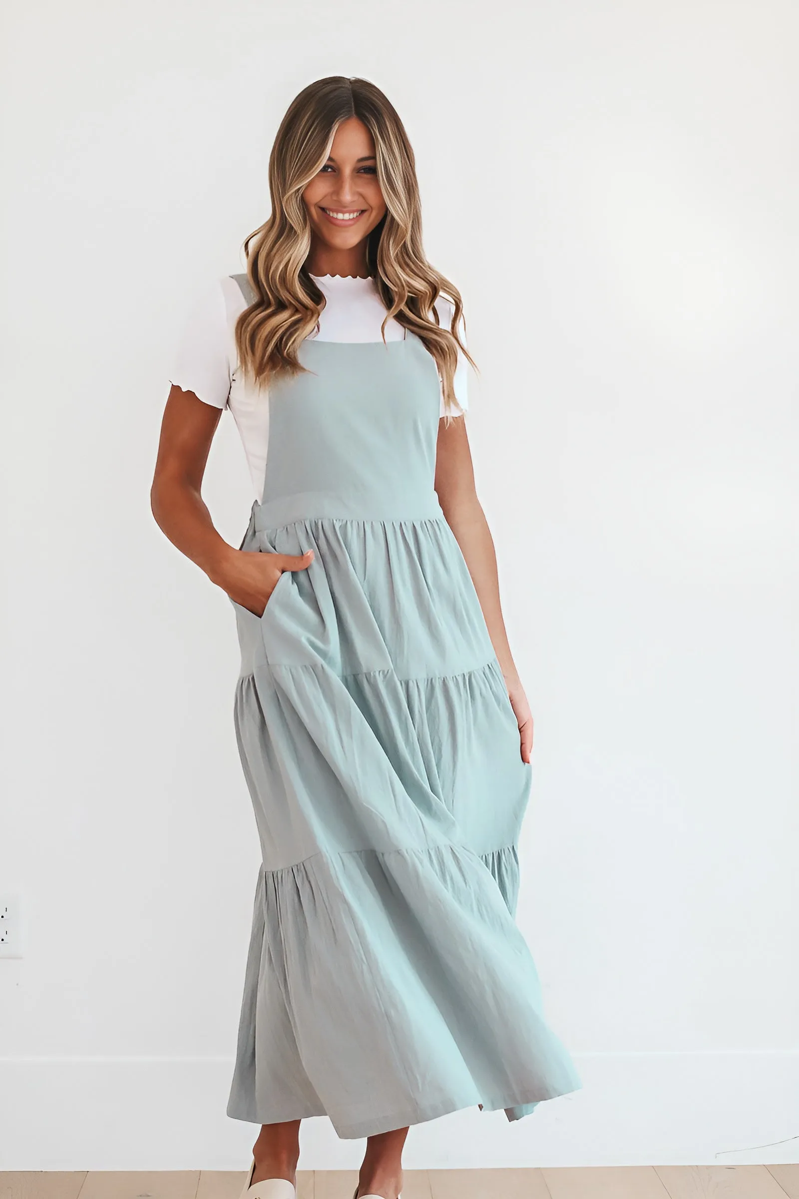 Shay Overall Dress in Dusty Blue