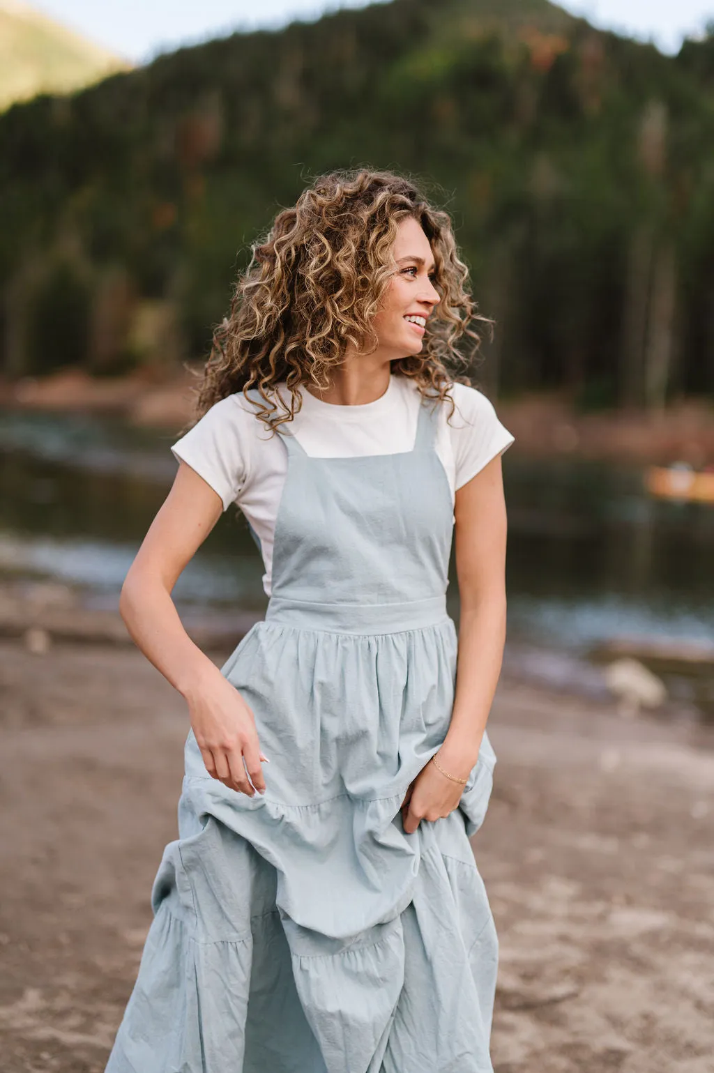 Shay Overall Dress in Dusty Blue