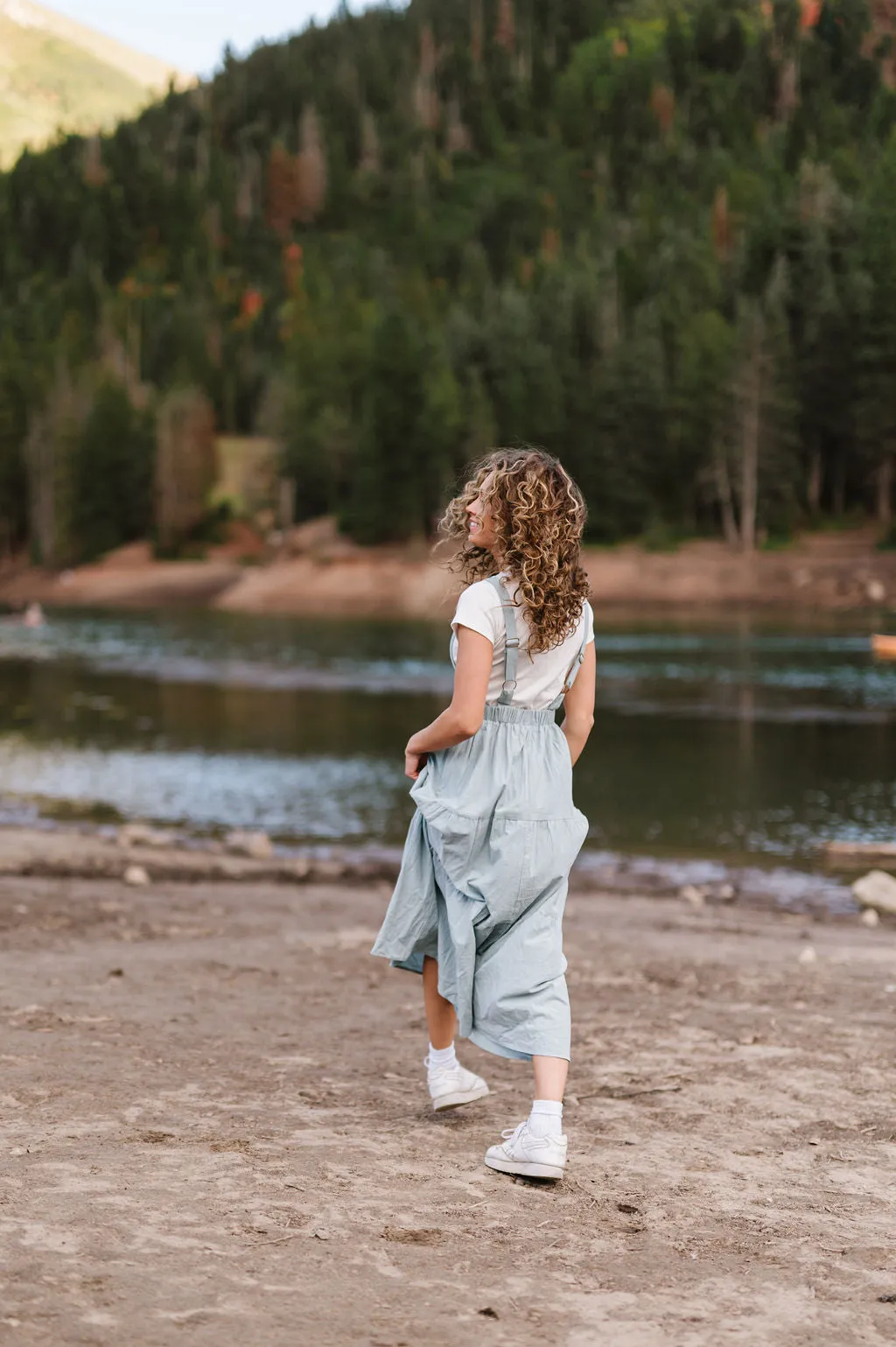 Shay Overall Dress in Dusty Blue