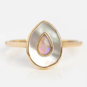 Solid Gold Opal and Mother of Pearl Organic Teardrop Ring