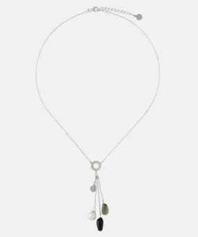 Sterling Silver Rhodium Plated Necklace for Women with 8mm Round White Pearls and Black Murano Crystals, 17/19 Necklace Length, Algaida Collection