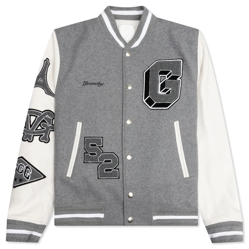 Varsity Bomber Jacket w/ Patches - Grey/White